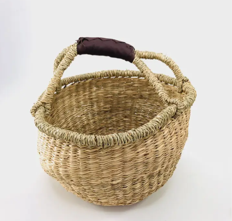 Bolga seagrass basket with faux leather handle for home storage