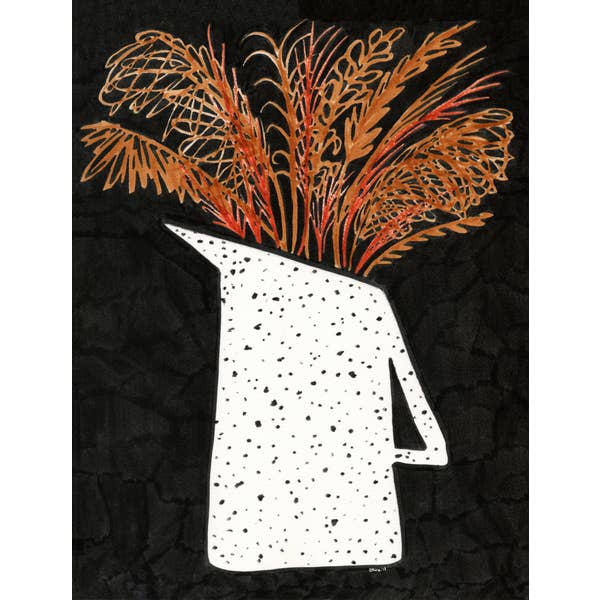 Contemporary print in black, white, and orange of pampas grass in jug