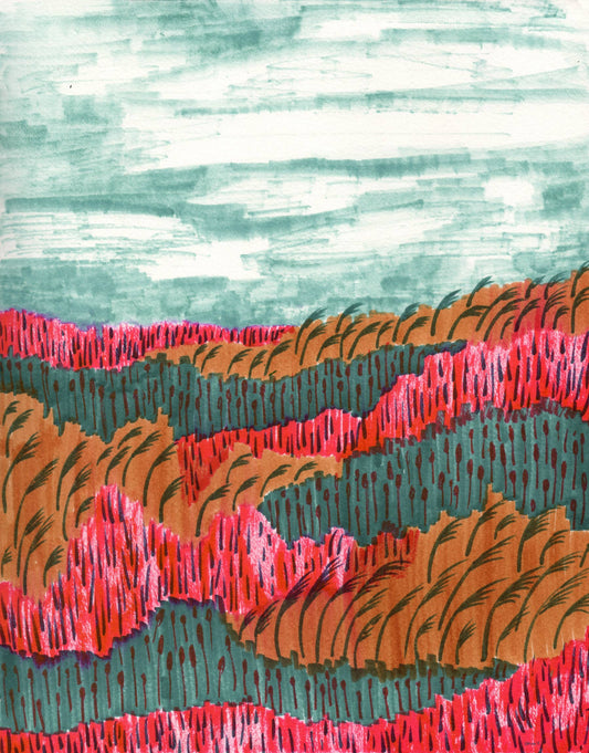 A brush pen drawing with vibrant colors of deep pink, green, and terracotta
