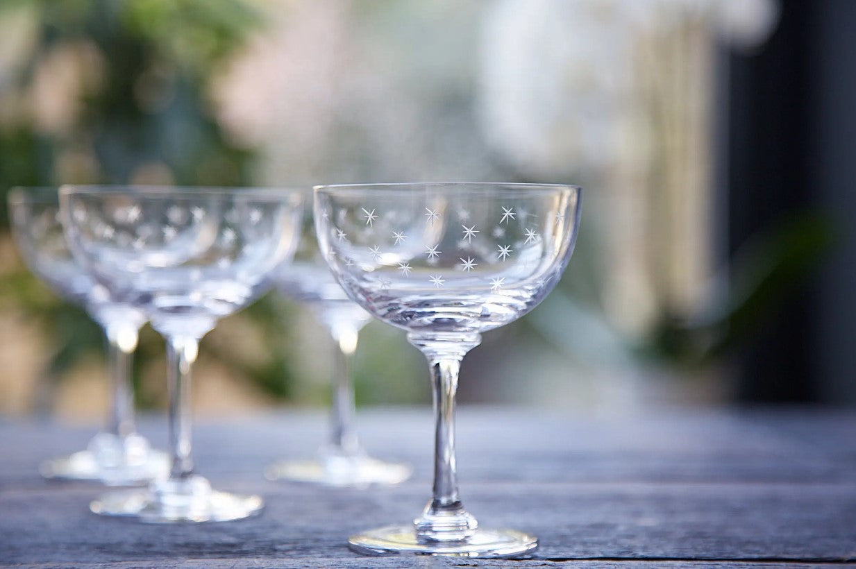 Set of six exquisite crystal cocktail glasses with star motif for a luxurious drinking experience