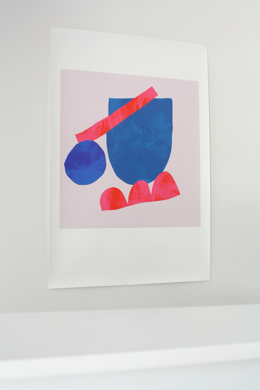 Large bright blue pink and red abstract art print.
