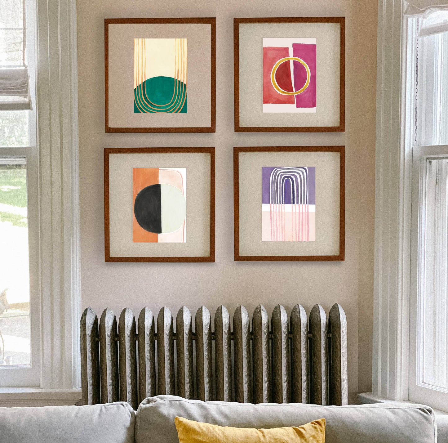 Colorful mid-century modern art prints that can be displayed as a set or individually.