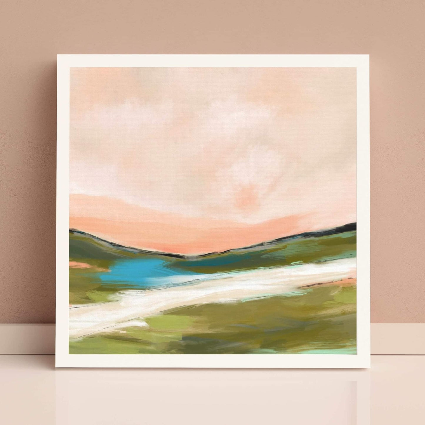 Painterly abstract landscape in soothing soft colours and style. Pink, green and white. with hits of blue