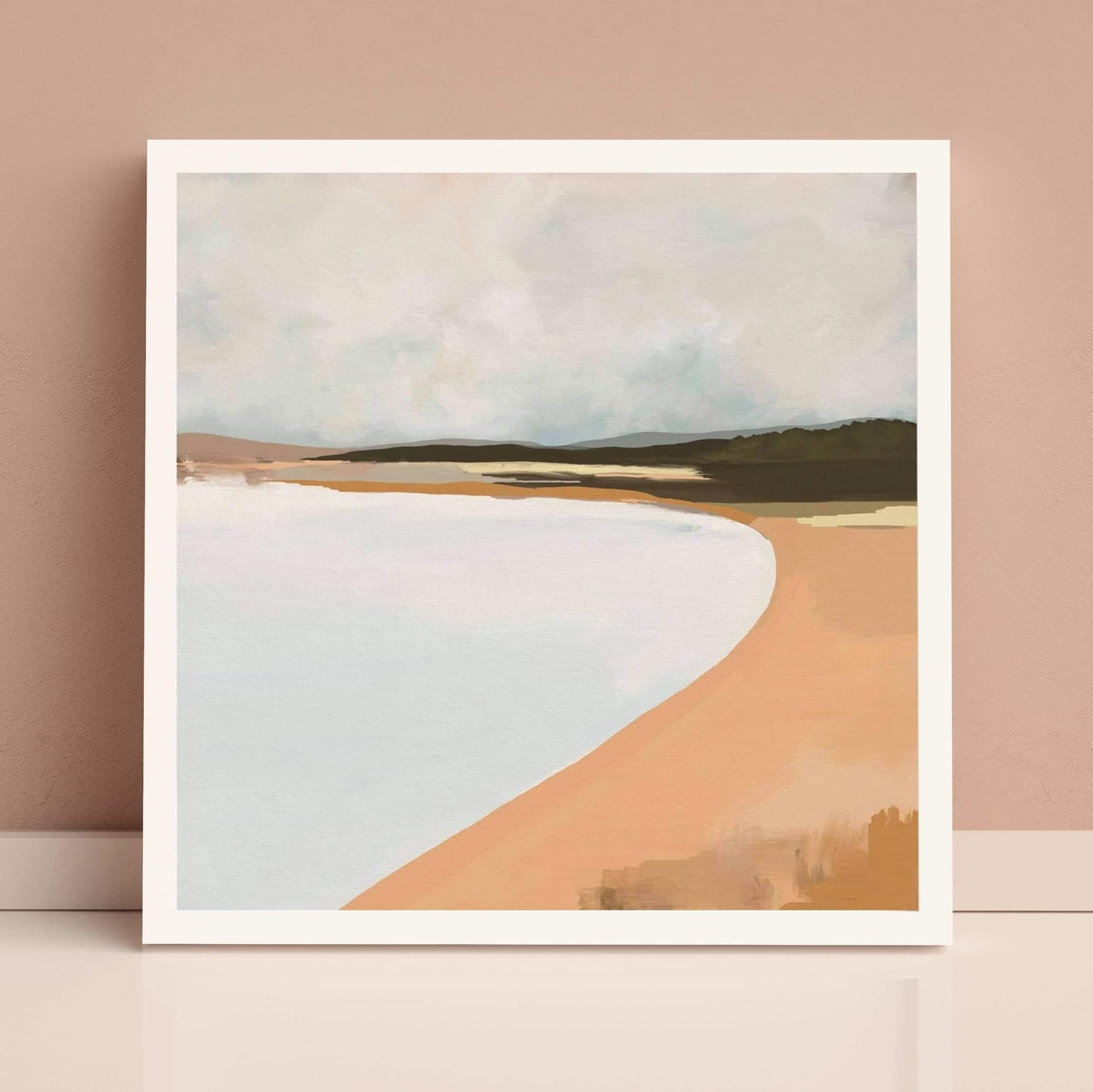 Abstract landscape in shades of light blue, orange, brown and white